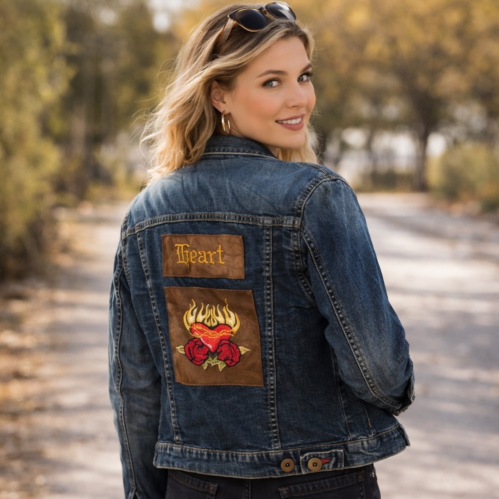 Handmade Denim Jacket Small Monica’s Creations Heart Patch • READ
